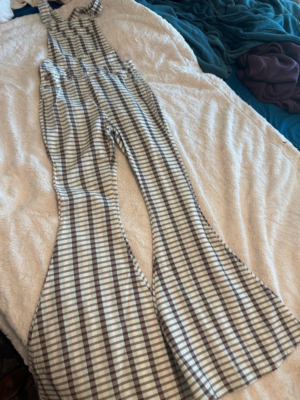 Peach Love California Plaid Flare Overalls in Cream and Brown NWOT
